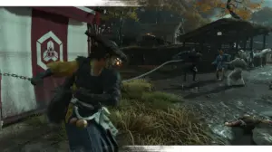 Ghost of Yōtei combat gameplay – Atsu storming an enemy encampment on PS5