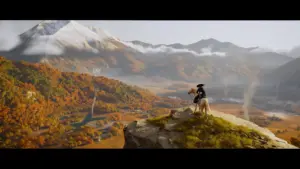 Ghost of Yōtei PS5 – Atsu overlooking an autumnal landscape in Ezo, Hokkaido 