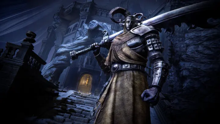 Elden Ring Best Strength Build: Stats, Weapons, and Talismans 6 Armored Elden Ring combatant holding an oversized greatsword in stone ruins