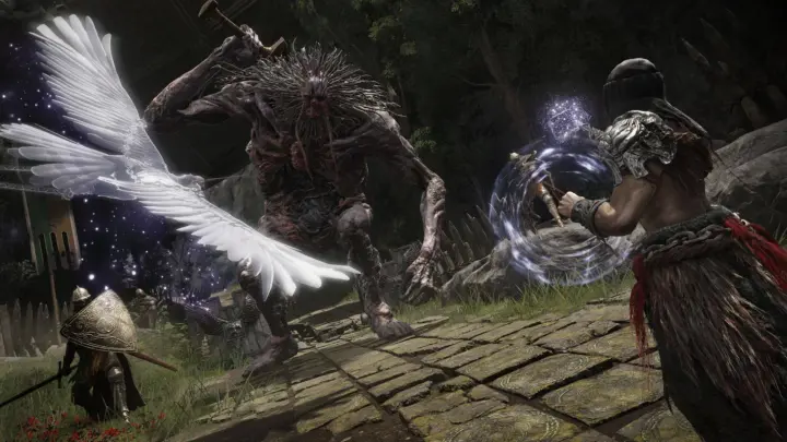 Tarnished casting gravity magic at a Troll in an Elden Ring cave