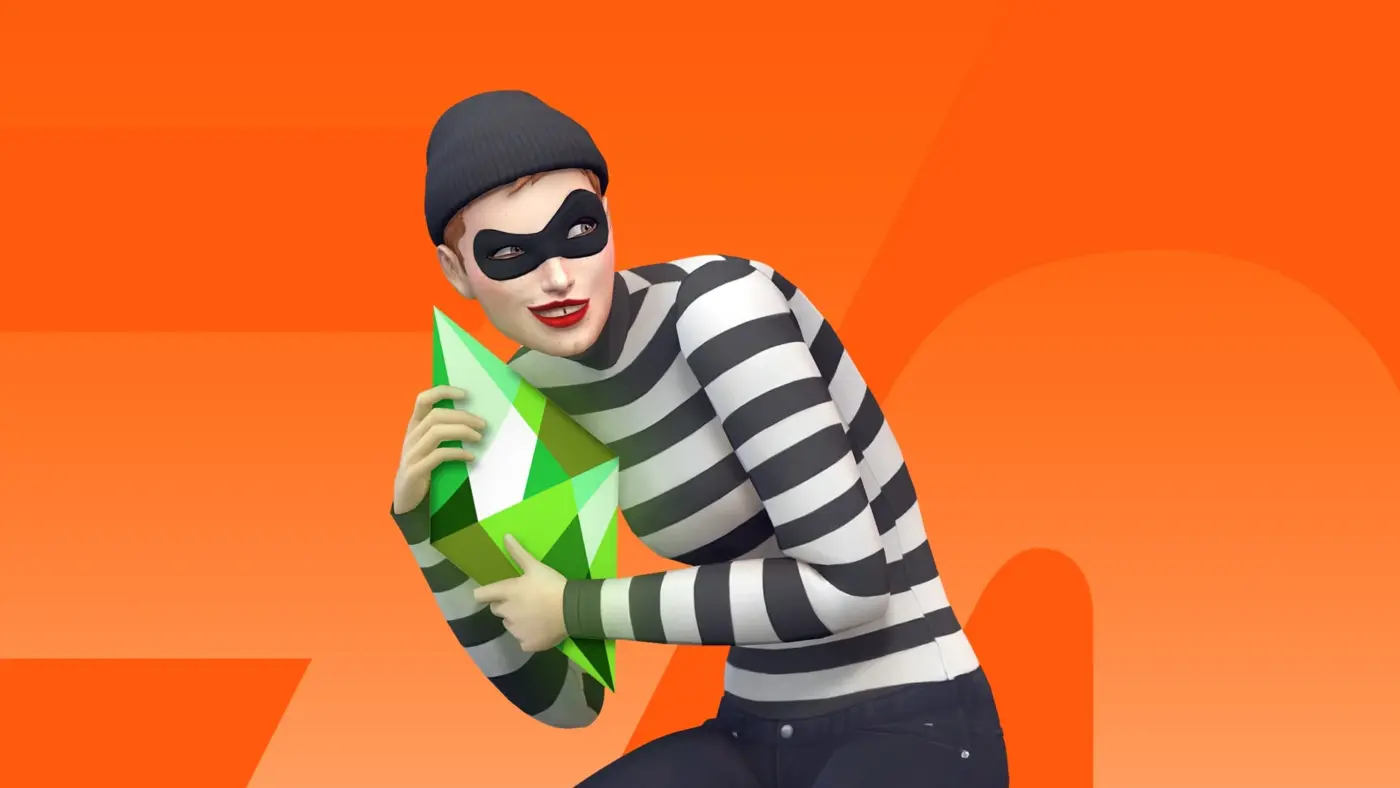 Masked Sim holding a green Plumbob in official The Sims 4 cheats artwork