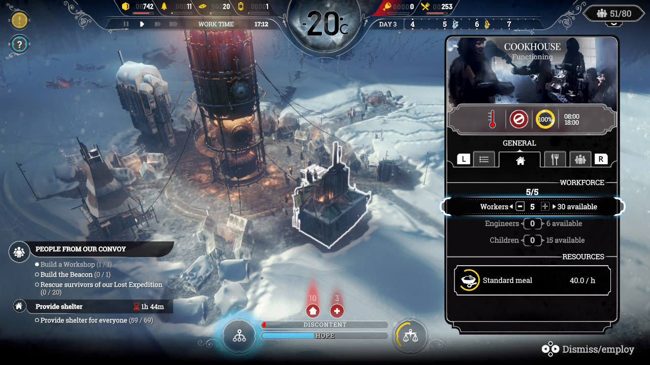 Frostpunk Switch gameplay showing a Cookhouse workforce panel beside the frozen city