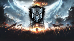 Frostpunk key art with the generator, frozen city, and crowd