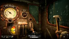 Frostrail train cabin with pressure, speed and consumption gauges in a snowy forest.