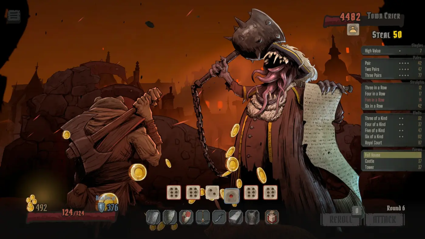GrimKeep combat showing the Town Crier, six dice and a highlighted Full House combination.