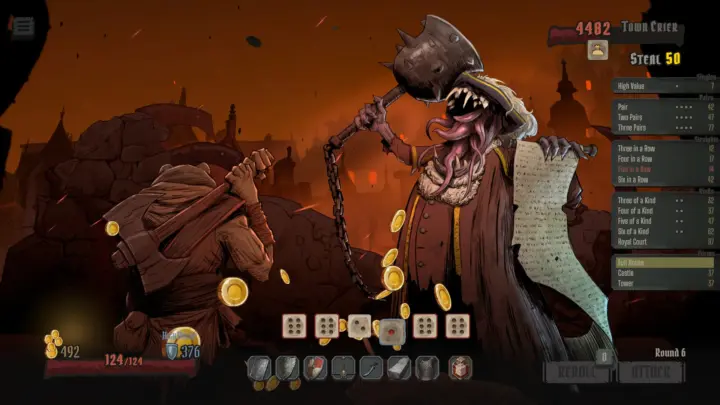 GrimKeep combat showing the Town Crier, six dice and a highlighted Full House combination.