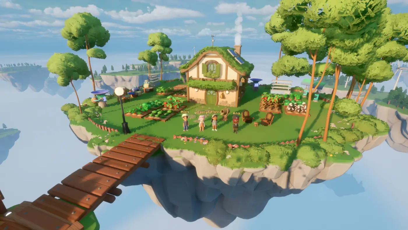 Loftia characters beside garden plots and a green-roofed cottage on a floating island.