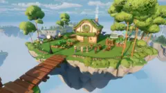 Loftia characters beside garden plots and a green-roofed cottage on a floating island.