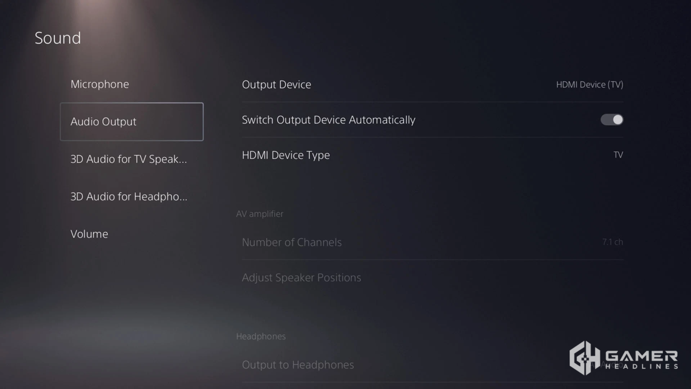 PS5 Sound settings with Audio Output selected and the Output Device setting visible.