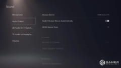 PS5 Sound settings with Audio Output selected and the Output Device setting visible.
