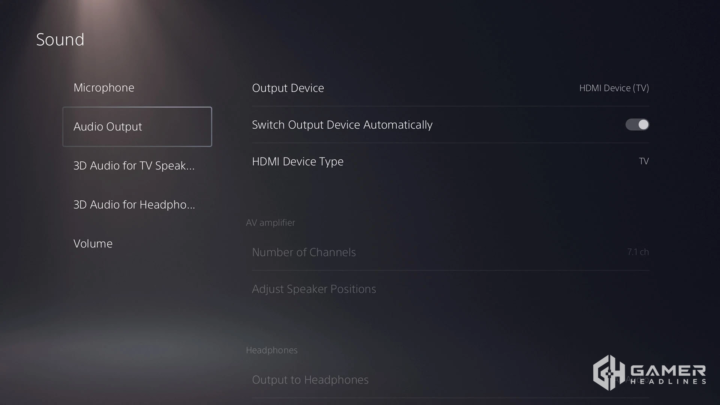 PS5 Sound settings with Audio Output selected and the Output Device setting visible.