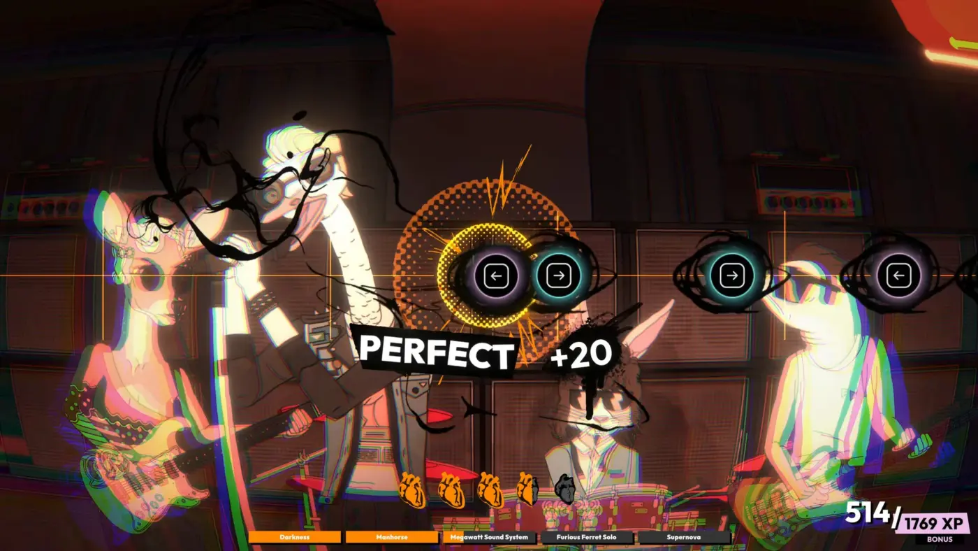 ROCKBEASTS band performing during a rhythm sequence with arrow prompts and Perfect feedback.