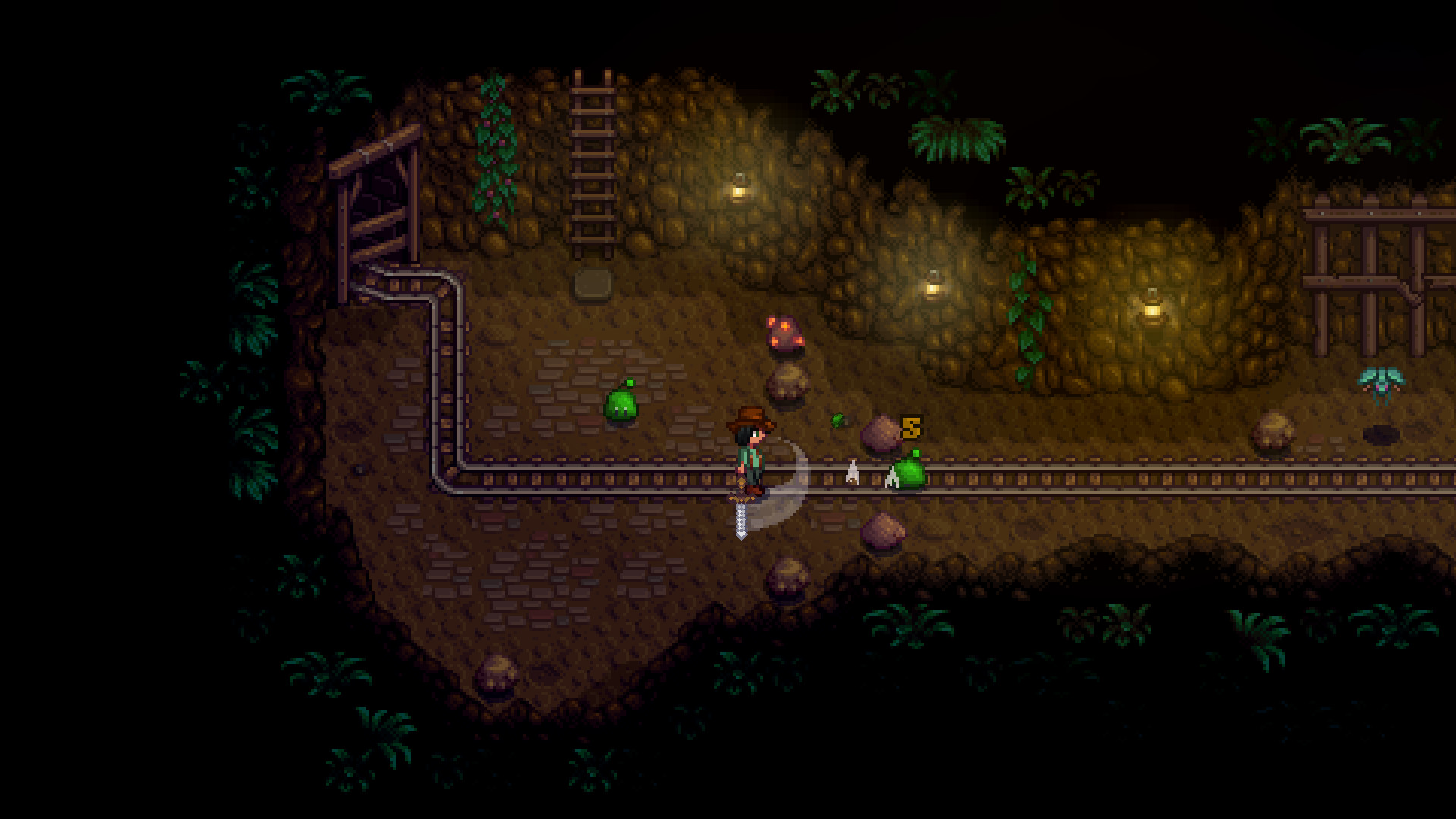 Stardew Valley Review: A Brilliant Farm Sim With a Demanding Clock 4 The farmer confronting a slime in a dimly lit mine in Stardew Valley