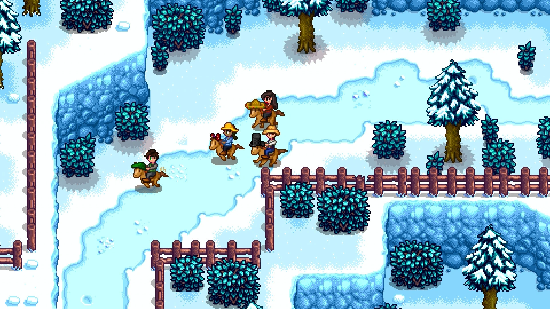 Stardew Valley Review: A Brilliant Farm Sim With a Demanding Clock 5 A winter outdoor gathering beside snowy trees in Stardew Valley