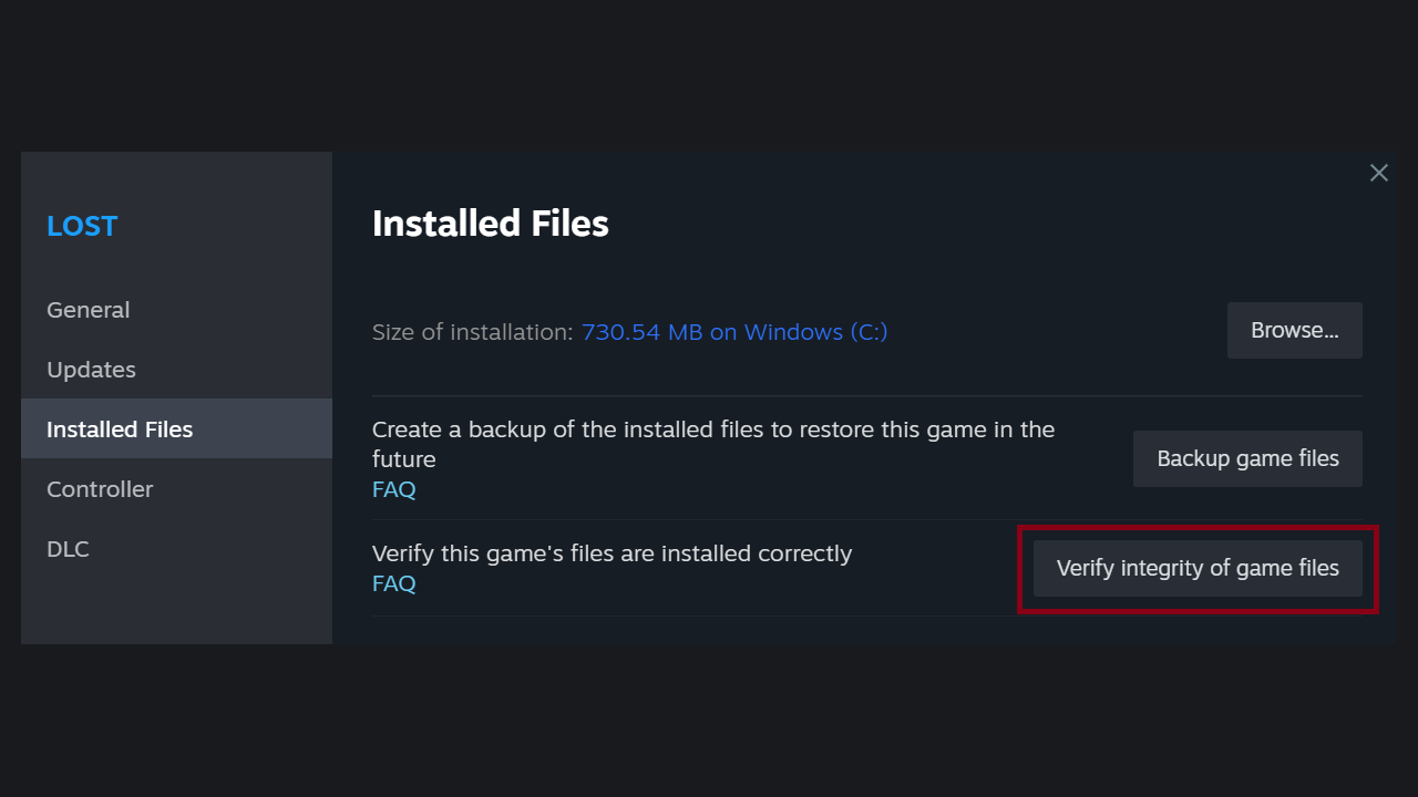 Steam Installed Files settings showing the Verify integrity of game files button