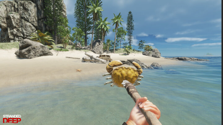 Stranded Deep player catches a giant crab with a crude spear on a tropical island beach